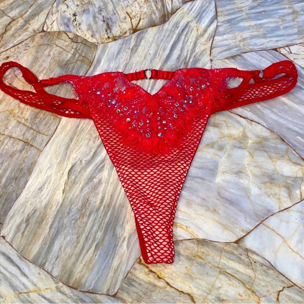 VS Very Sexy Red Panty Underwear Large Fishnet Lace Mesh Embellished w Crystals